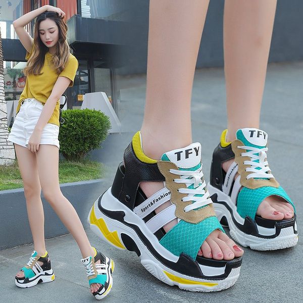 

inside heighten sandal female student summer new thick sole sponge cake shoe joker with korean web celebrity wedge heel fish mouth shoe, Black