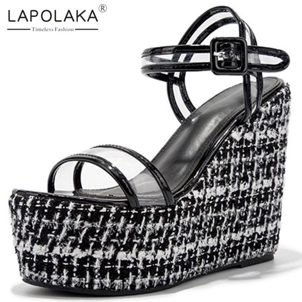

lapolaka 2020 pvc wedge high heels summer sandals woman shoes buckle strap platform mix color shoes women sandals, Black