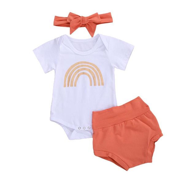 

baby summer clothing newborn baby girl clothe short sleeve rainbow bodysuit + ruffle soild shorts headband 3pcs outfits, White