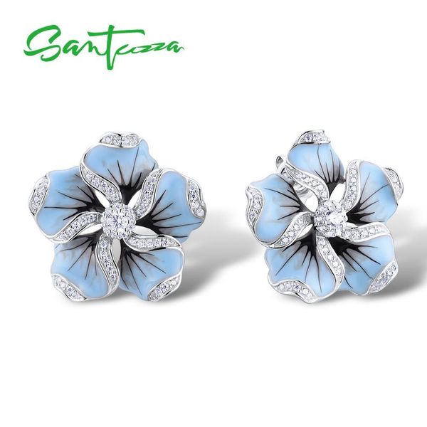 

santuzza silver stud earrings for women 925 sterling silver blue flower sparkling cubic zirconia fashion jewelry handmade enamel cx200628, Golden;silver