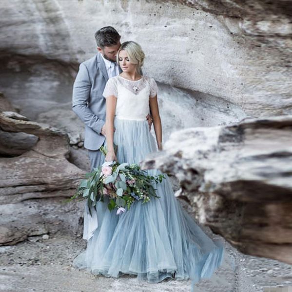 

2020 sky blue lace bride dress short sleeves a-line romantic wedding dress vestidos de novia 2019 wedding gown, White