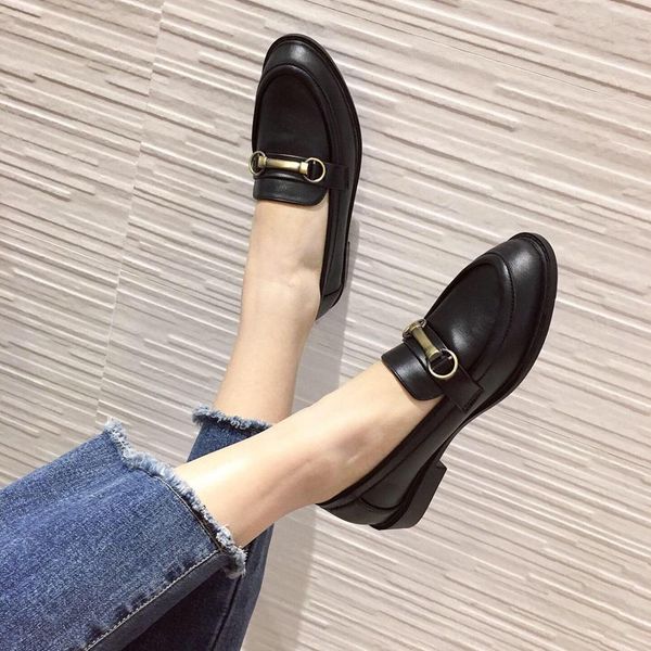 

metal chain all-match round toe british style shoes on heels slip-on autumn casual female sneakers dress flats women loafers, Black