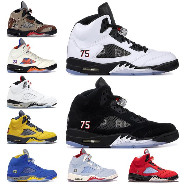 

brand 5 5s basketball shoes trophy room michigan desert camo ice blue jumpman sup psg x pairs star red suede mens trainers sneakers, White;red