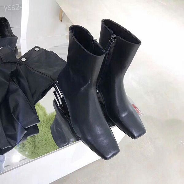 

winter and autumn high heel women's boots thick generous ankle boots female white martin boots soft leather short tube zip ankle boot, Black