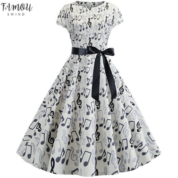 

2020 women summer music note print dress 50s 60s robe swing casual vintage sleeveless party dresses vestidos plus size, Black;gray