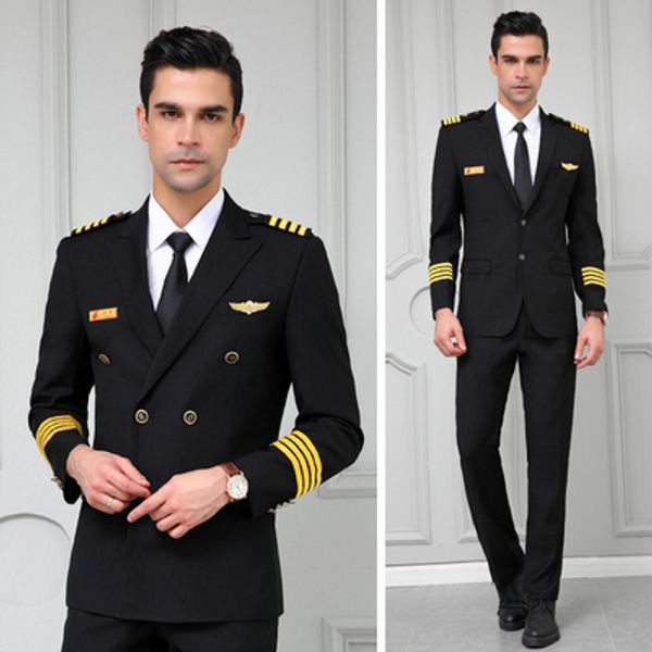 

men black uniform suit handsome pilot blazer costume male stage cosplay performance slim clothes, White;black