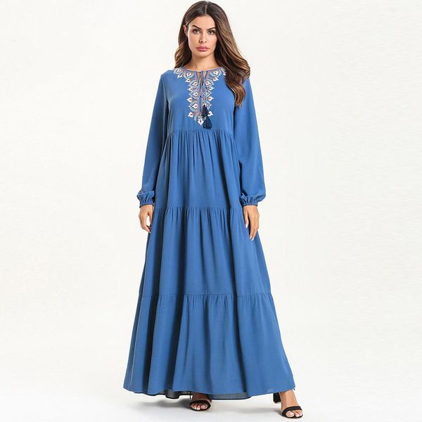 

fashion dresses women long sleeve stitching embroidered neckline with multi-layered pleated oversize muslim arabian long robe, Red