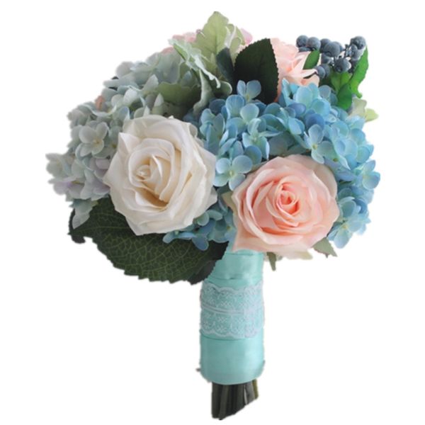 

new blue pink white wedding bouquet handmade artificial flower rose buque casamento bridal bouquet for wedding decoration