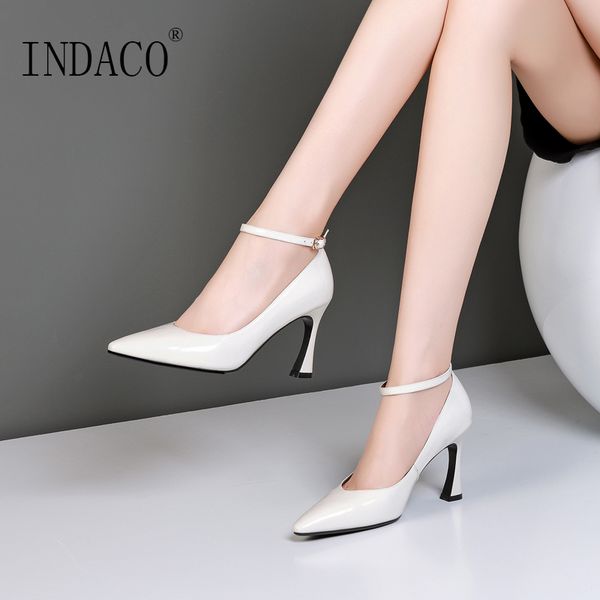 

women leather high heel white black ankle strap classic pumps 8cm