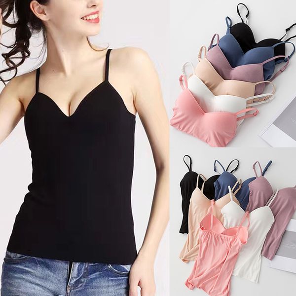 

newly womens comfy vest with built in bra v neck sleeveless adjustable strap tank fdm, White