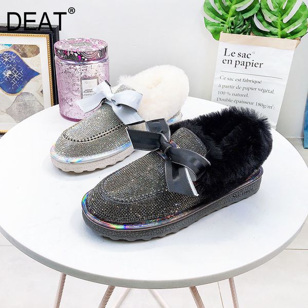 

deat] 2019 round toe shallow lamswool fur spliced crystal bowknot velvet flat shoes women new autumn winter fashion tide 10e920, Black