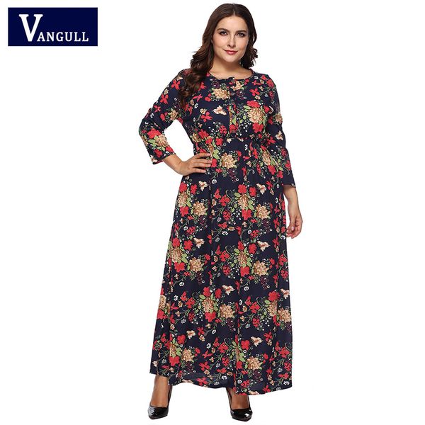 

vangull плюс размер платья женщин цветочные макси платье передние кнопки о-образным вырезом дамы элегантный высокой талией ретро платья 2019, Black;gray