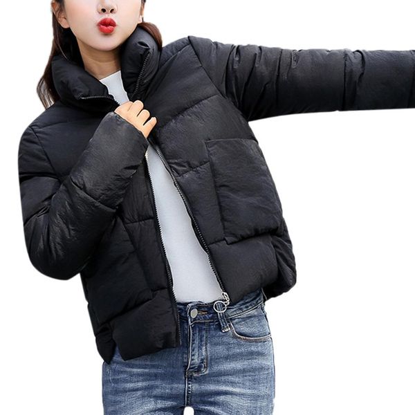 

missky autumn winter women parkas solid color slim jacket stand collar soft warm cotton jacket, Black