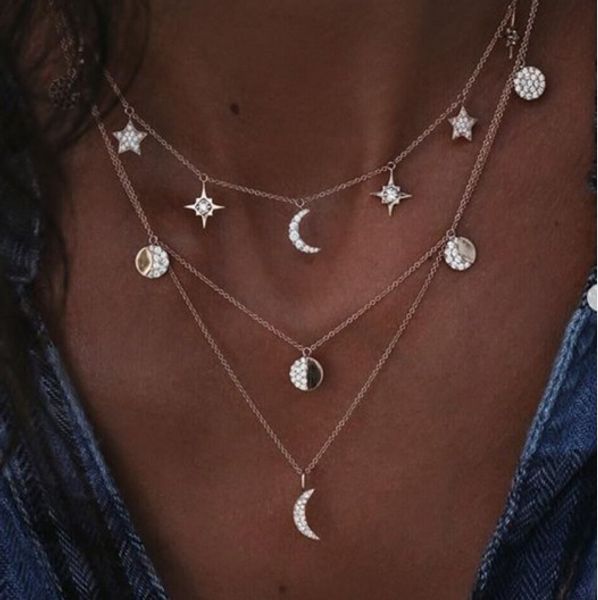 

boho multilayer necklaces crystal sequins moon stars pendant necklace for women and girls (gold, Golden;silver