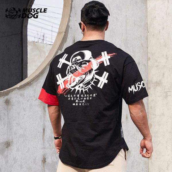 

muscle dog national fashion series printed loose plus-size half sleeve training wear blazer fitness short sleeve t-shirt male, Black;blue