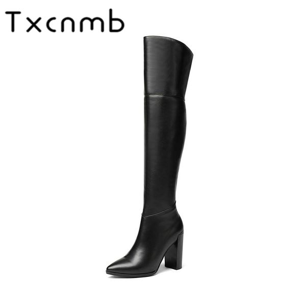 

txcnmb 2019 boots women over thr kenn high boots for women winter genuine leather high heel shoes woman size 39 40, Black