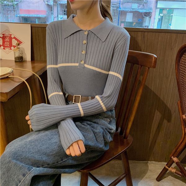 

2019 winter new korean version of the loose wild lapel casual long-sleeved knit bottoming shirt collar female, White;black