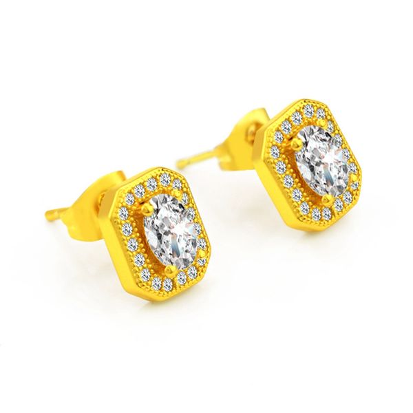 

square stud earrings women girls halo cubic zirconia 18k yellow gold filled classic style earrings gift, Golden;silver