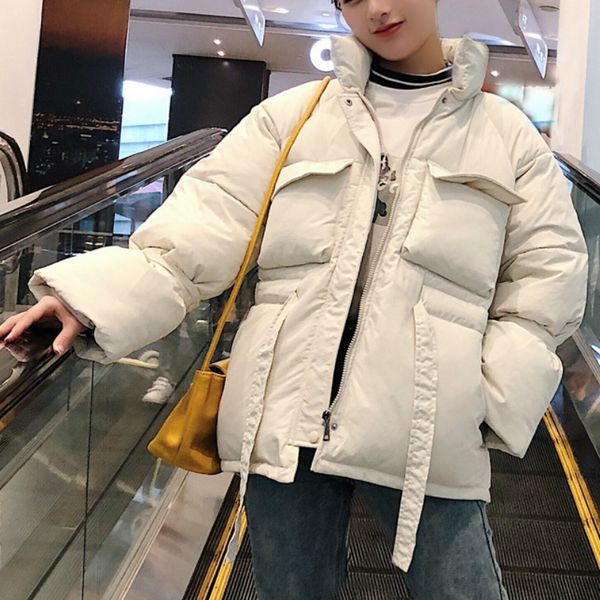 

women stand neck pocket details puffer parka in solid color, Black