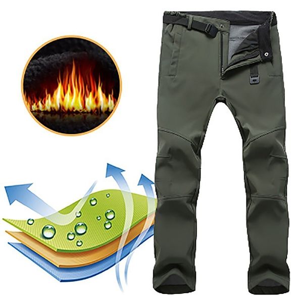 

camping hiking pants winter softshell men women fleece outdoor sports waterproof windproof thermal male trousers, Black;green
