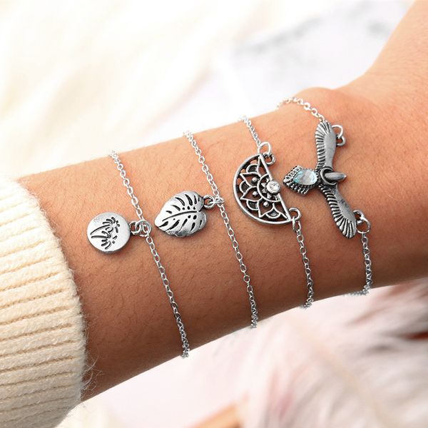 

diezi bohemia chain bracelets for women girls fashion leaves eagle coconut tree charm bracelets sets vintage fashion jewelry, Black