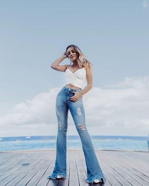 

new fashion designer women flare jeans summer high waist light blue skinny ripped bleached jeans ladies elastic waist long pants