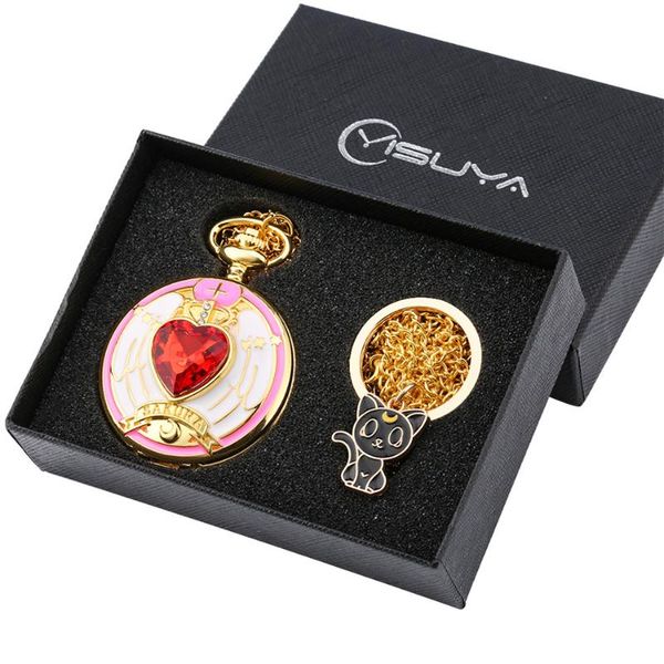 

souvenir pocket watch gift sets for girls charm necklace pendant watch black cat key ring anime theme necklace present, Slivery;golden