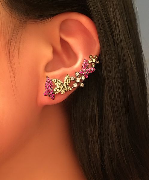 

fashion luxury trendy red flower cubic zircon ear clip with stud for women, Silver