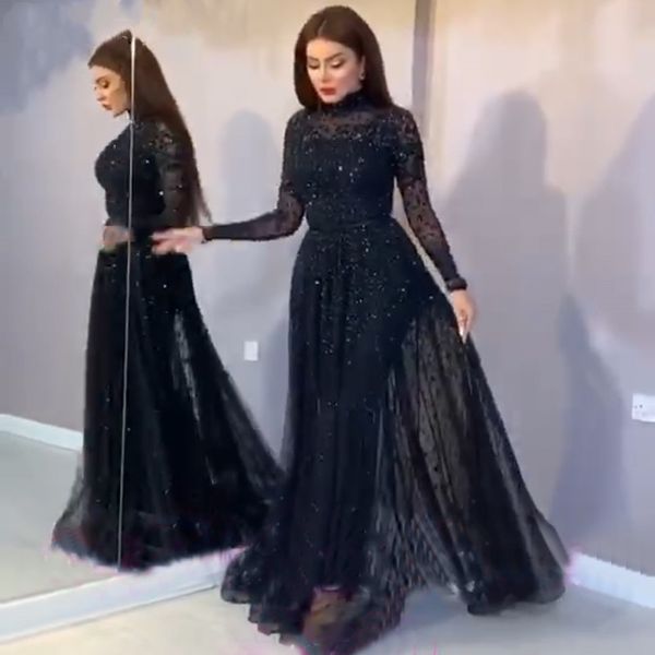 Black Gold Long Sleeve Evening Gowns Red Carpet Celebrity Dresses