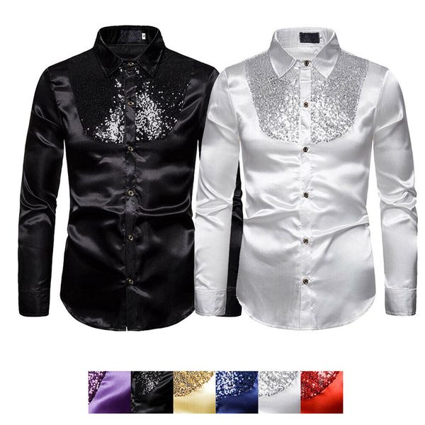 Camicie da smoking da uomo formale da uomo Slim Ball Wedding Camicie da uomo a maniche lunghe in raso simile alla seta Camicie da uomo Autunno Abbigliamento Top Camicia con paillettes