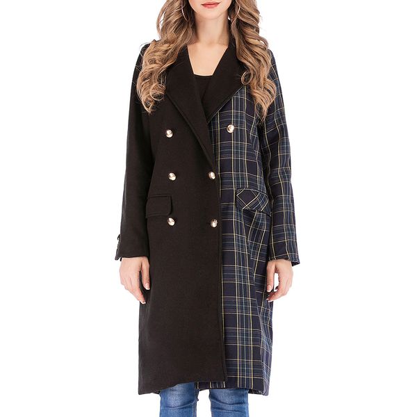 

woman elegant winter wool long coat warm patchwork office ladies balck white women outwear casual shoulder blend coat#j30, Black