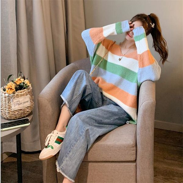 

women's sweaters sweater loose female autumn 2021 striped long-sleeved casual v-neck versatile pullover, White;black