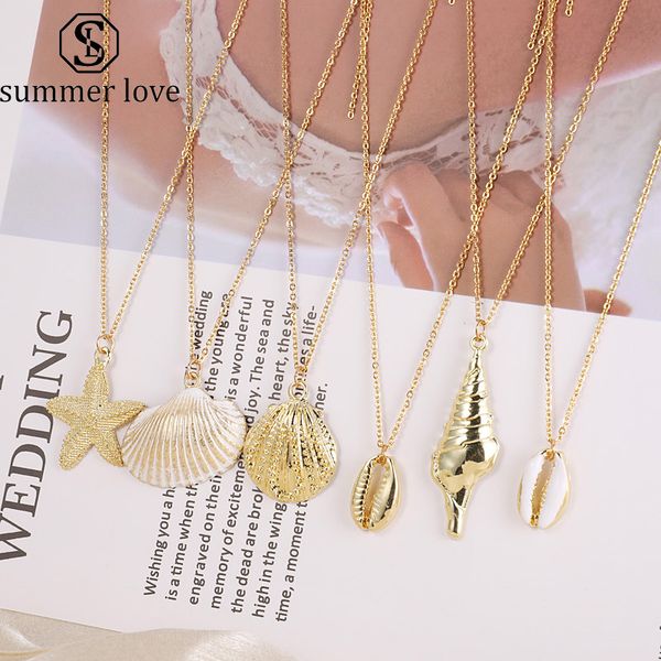 

2019 new summer beach starfish conch stainless steel chain pendant necklace for women gold alloy cowrie shell necklace fashion jewelry gift, Silver