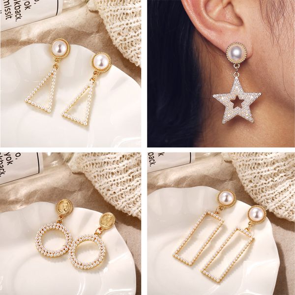 

korean metal gold square star triangle circle classic geometric simulated pearl for women dangle drop earring wedding jewelry, Golden;silver