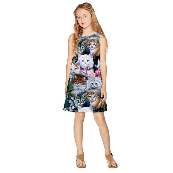 

kids dress girl's dress digital print girls' round neck sleeveless loose children's vest summer princess party, Red;yellow