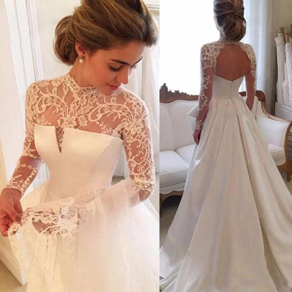 

high neck lace wedding dresses illusion long sleeves hollow back wedding bridal gowns with long train, White