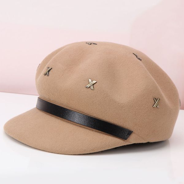 

fashion british-style cap beret retro hat autumn winter personality rivet decoration wool octagonal cap women, Blue;gray