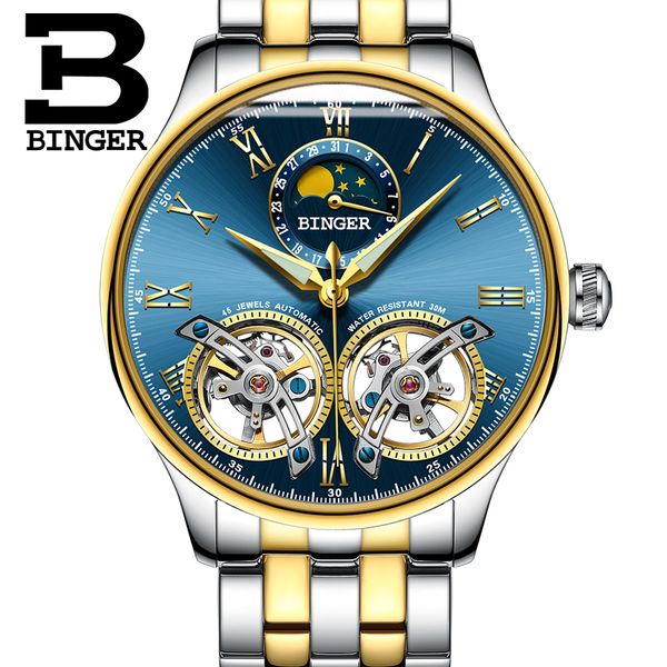 

switzerland men watches binger skeleton automatic watch men self-wind luxury mechanical wristwatch relogio masculino gold blue, Slivery;brown