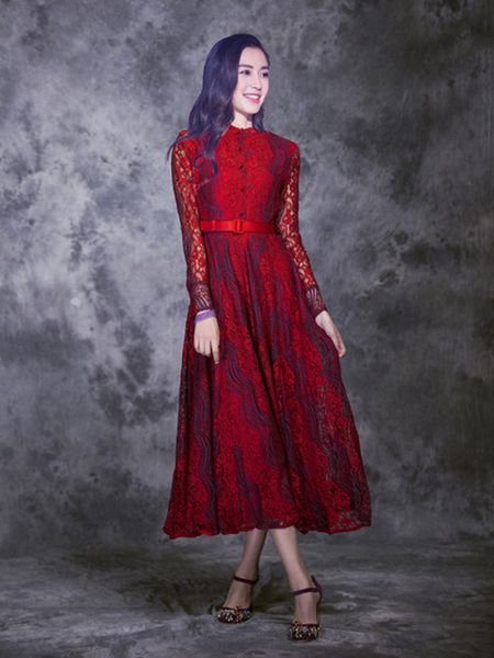 

women luxury red lace dreess hollow out long sleeve dress with belt, Black;pink