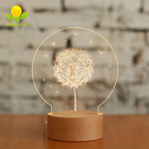 

new style 3d dandelion table lamp, acrylic carved inside wooden base dandelion led desk lamp