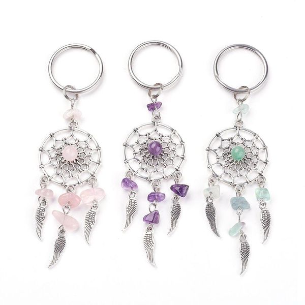 

30pcs natural chipgemstone dream catcher key chain with tibetan style pendants and 316 stainless steel key ring, Silver