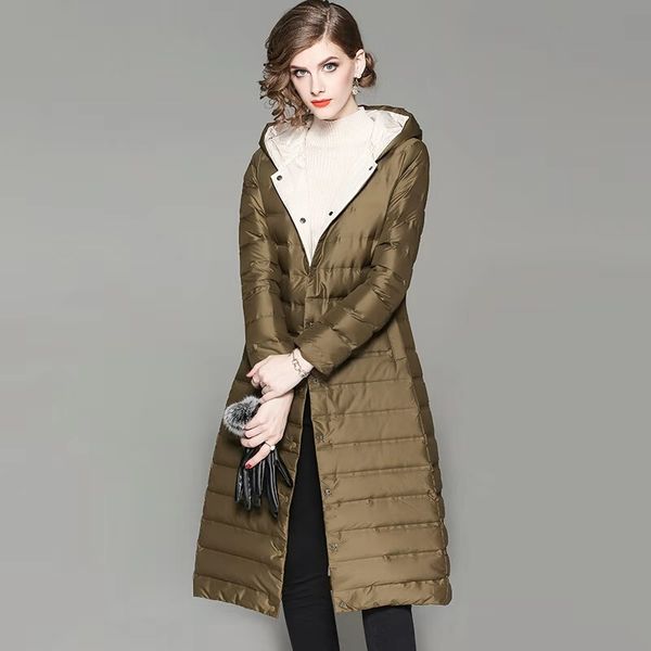 

women winter hooded down coat luxury designer solid 90% white duck down filled jacket womens vintage long coats black brown jackets s