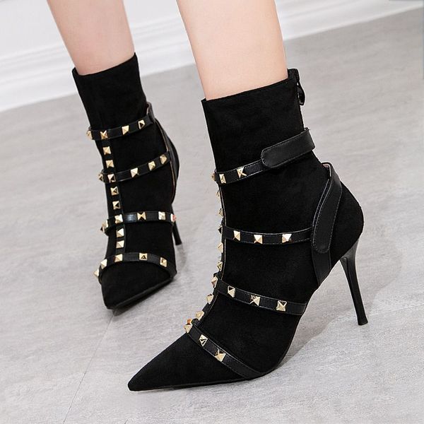 

high heel women boots stud dress shoes vintage woman dress boots europe ankle boot back zip boot ladies zip shoes zy592, Black