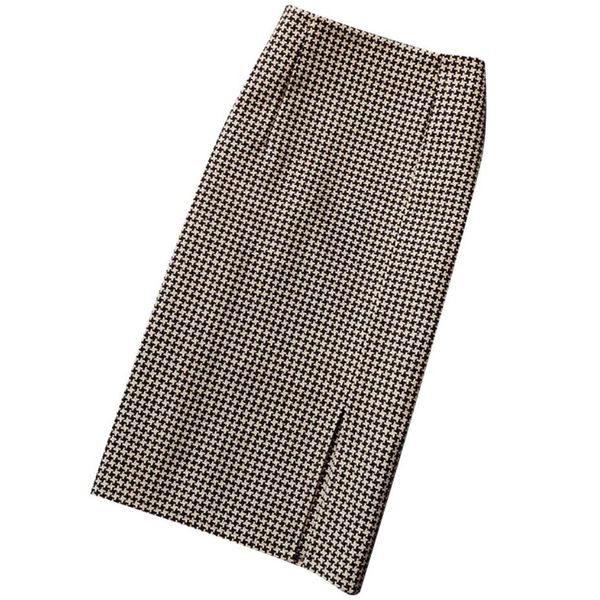 

women plaid woolen skirts high waist houndstooth wool pencil skirt work ol step split skirts, Black