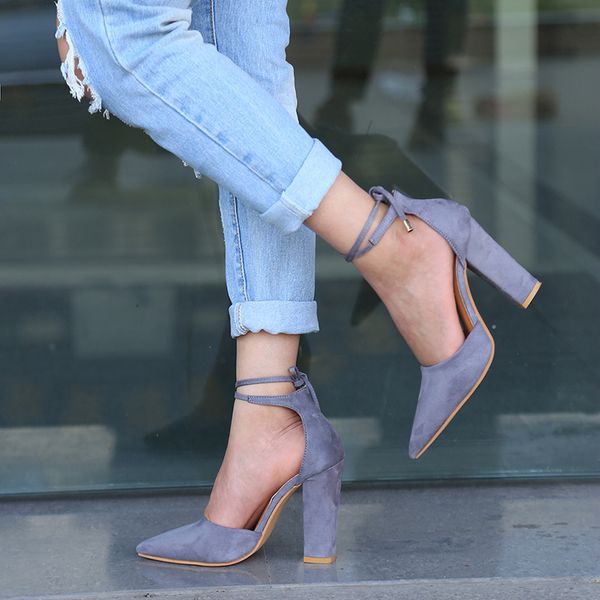 

6 colors pointed strappy pumps retro high thick heels shoes 2019 new woman shoes female lace up shoes, Black