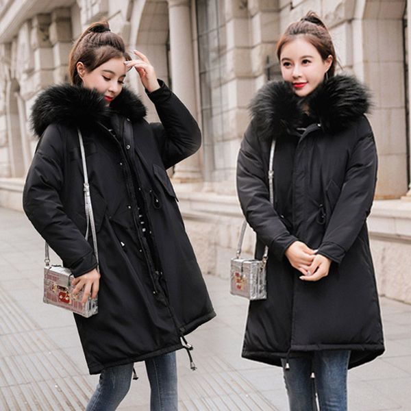 

2019 new winter clothing women's long section fur collar slim thick cotton jacket coat casual loose abrigos mujer parkas f1645, Black