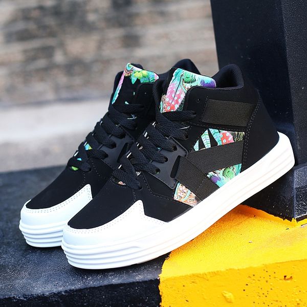 

autumn and winter men's shoes korean version of the couple canvas shoes high to help 2019 new board tide graffiti in, Black