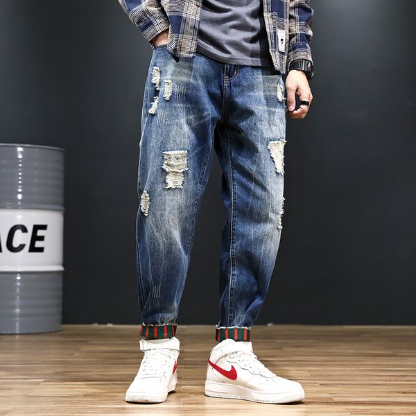 

2020 summer new mens jeans casual men harem pants men europe and america loose capris fashion holes washed jeans 2 colors, Blue