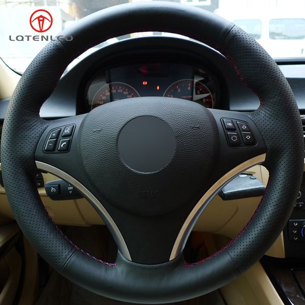 

lqtenleo black artificial leather diy hand-stitched car steering wheel cover for e90 320i 325i 330i 335i e87 120i 130i 120d