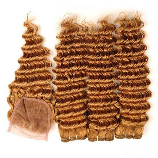 Pure 27 Mel loira peruana profunda cabelo humano Onda Weave Pacotes com fecho Morango loura tramas do cabelo com 4x4 Lace Top Encerramento
